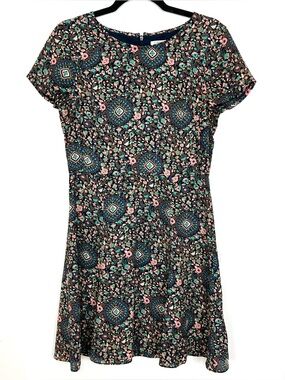 J.Crew Floral Print Fit & Flare Dress Short‎ Sleeve Navy Pink Green 2 XS